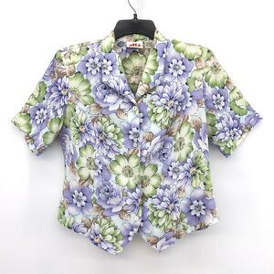 ALIA Shirt Womens Size 10 Purple Big Floral Short Sleeve Button Up Blouse Top